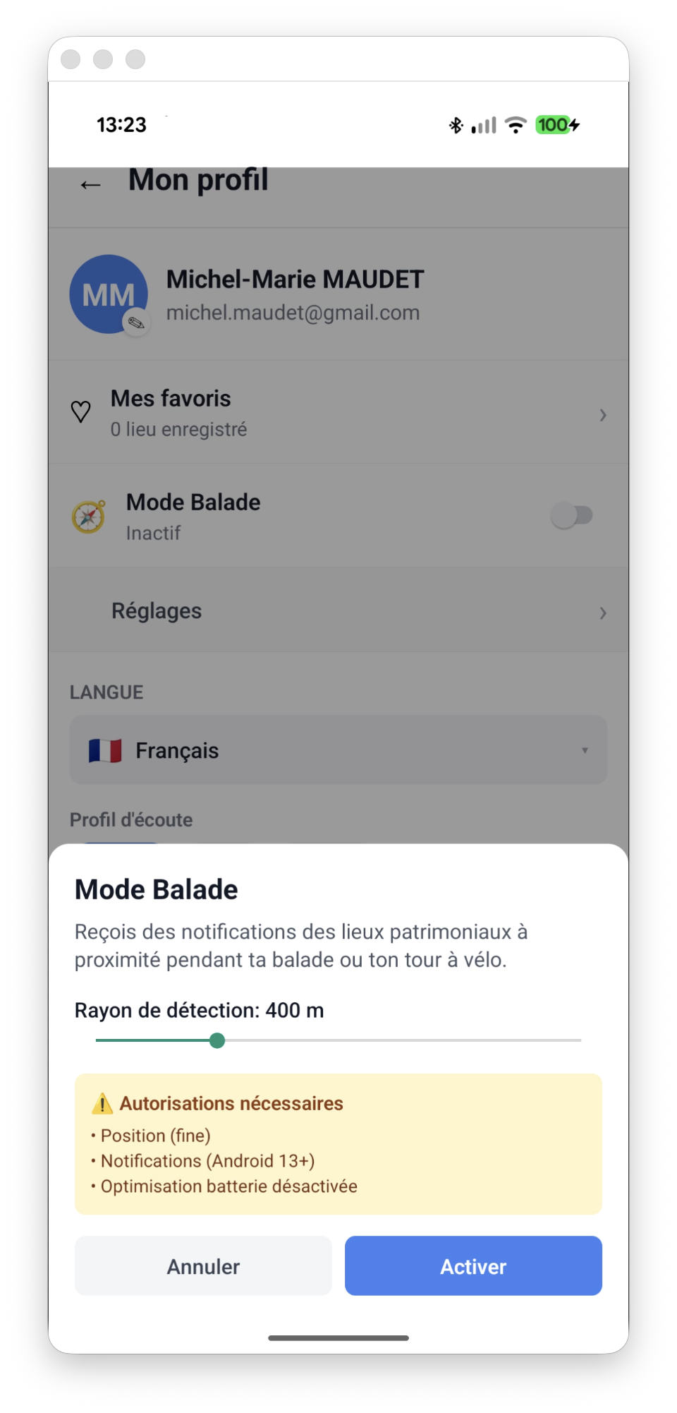 Écran d'activation du Mode Balade