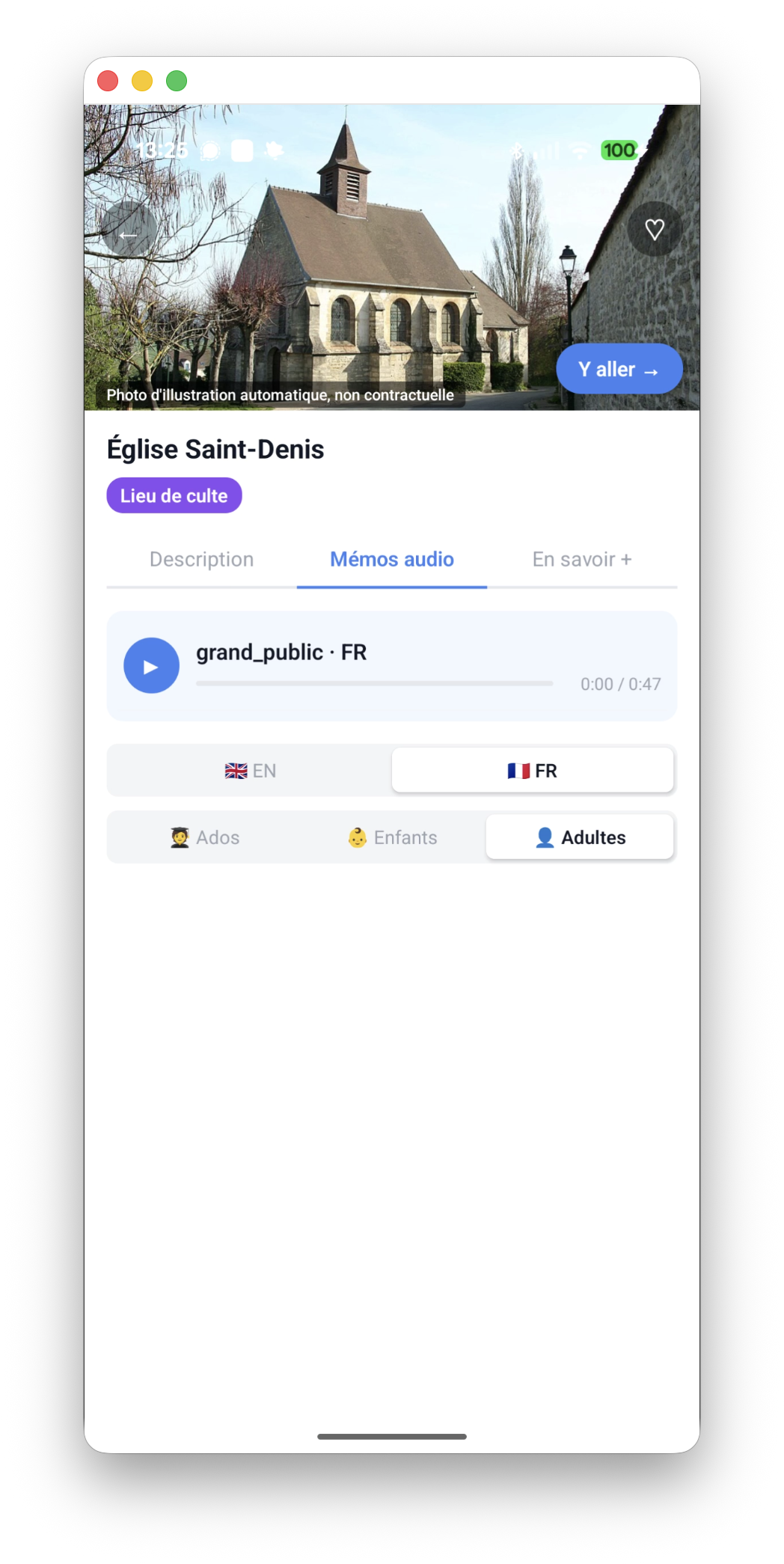 Lecteur de mémo audio sur la fiche d'un lieu